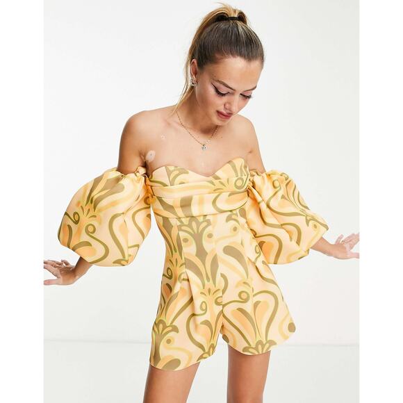 yellow orange swirl puff sleeve romper